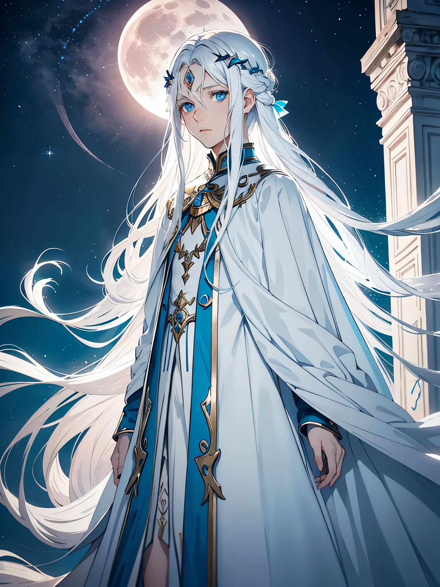 Ernst. Long hair. long white hair. aquatic, boy, Goddess of the Moon, silver hair accessories, White hair, White dress, cape, at night, saturated colors, light eyes, bright, light blue light, blue eyes, Jewelry silver, bluish light, Full moon in the background, aquatic in der Luft rosa kerzen