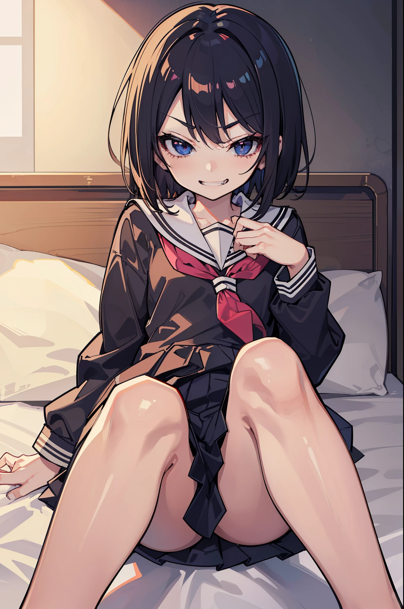 (Ideal:1.2), (perfect:1.2), (flawless:1.2), (highest quality:1.2), (best quality:1.2), on bed, 1girl, (evil smirk:1.2), (li:1.2), young, (school uniform:1.1), detailed body, sexy thighs, small breasts, short hair, high quality eyes, 4K, highest quality resolution, best quality resolution, best quality upscale, no panties, no underwear 