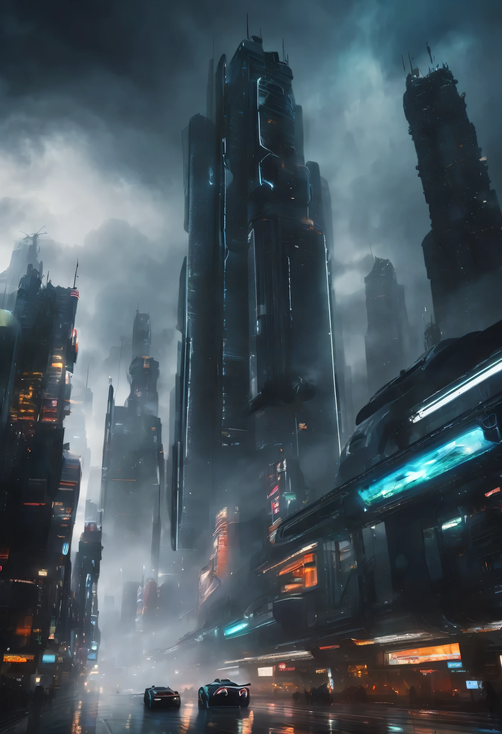 A gigantic city , sci fi futuristic themed , flying cars , robots , big screens and tall buildings, dark clouds and sky , cold weather , foggy environment, cinematic lighting, moody lighting