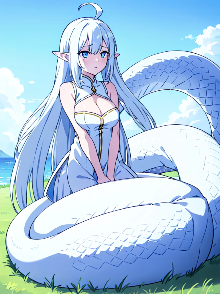 ((beautiful face)), ((masterpiece, best quality)),1girl,s,teen,long hair,twintail hair,white hair,ahoge,lamia tail,((white lamia tail)),(white background),pointy ears,sleeveless,white shirt,(cleavage),blue eyes,(( on the grass,blue sky,village)),o:,Close up