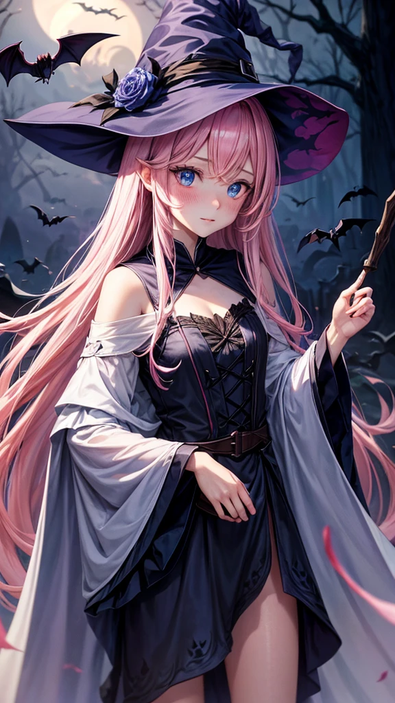 Witch costume,Caucasian skin,blushed face,light pink long hair,blue colored eyes,caldeirao, bats,it's a mess
