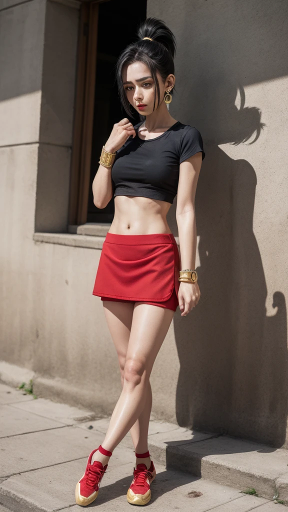 (Artwork, best quality), 1 girl, Other, 1 girl, Alone, black eyes, Black hair, high ponytail, earrings,, Red t-shirt, crop top, short sleeve, gold bracelets, red skirt, shorts bicycle, cable ties, armband, mini skirt, shorts under the skirt,