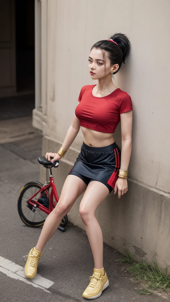 (Artwork, best quality), 1 girl, Other, 1 girl, Alone, black eyes, Black hair, high ponytail, earrings,, Red t-shirt, crop top, short sleeve, gold bracelets, red skirt, shorts bicycle, cable ties, armband, mini skirt, shorts under the skirt,