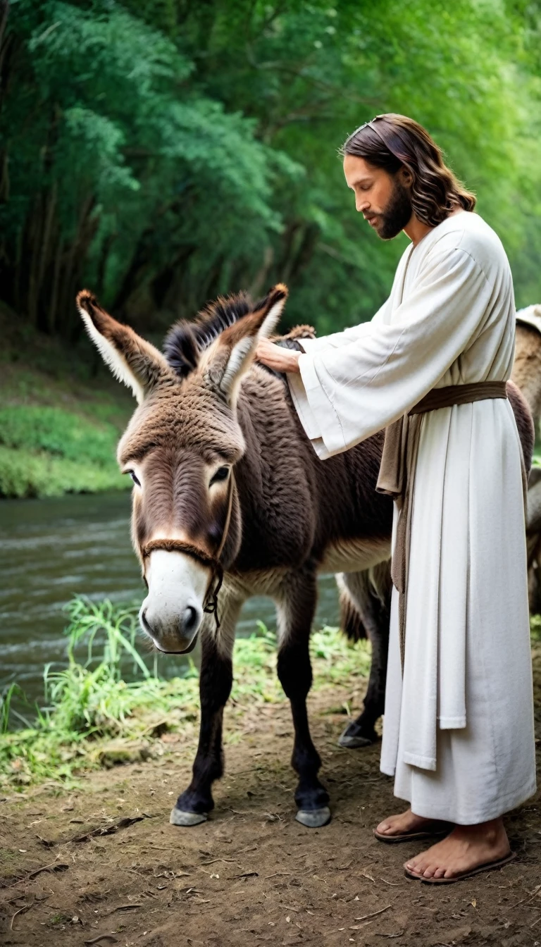 Jesus in brown robe and white sleeves, next to a donkey in the forest near the river, touching the donkey's head