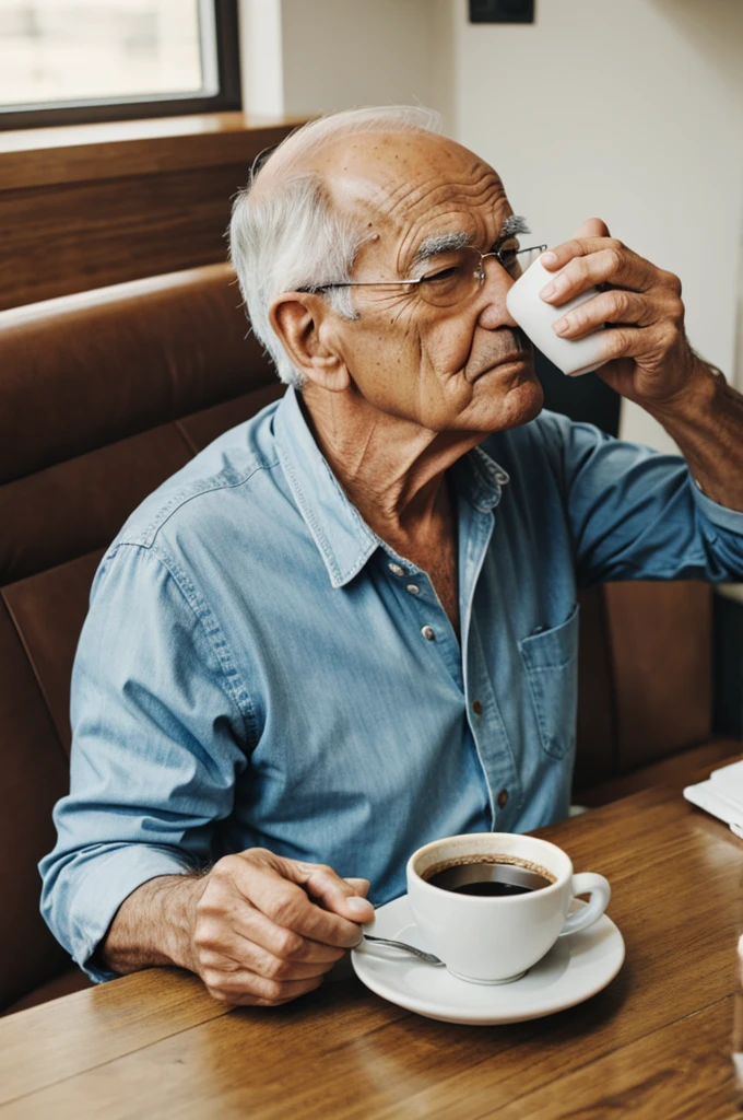 An old bean drinking coffee