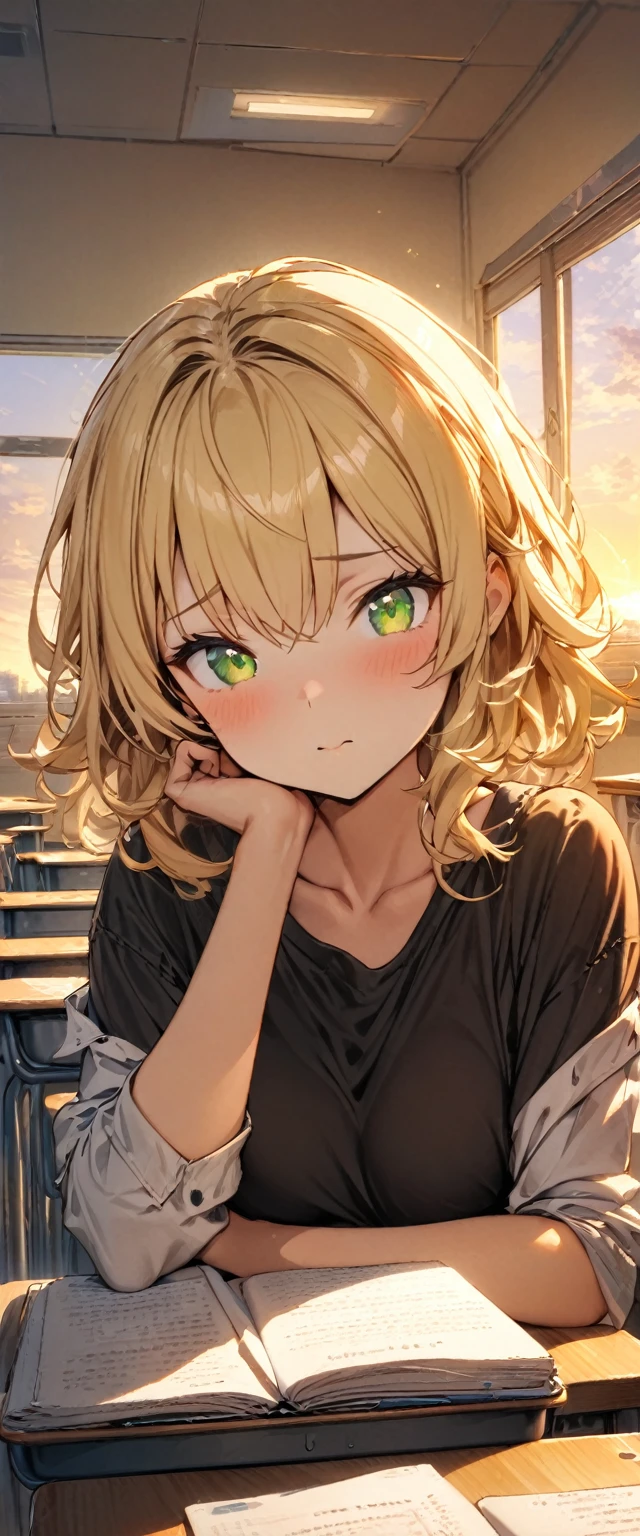 (masterpiece), best quality, expressive eyes, perfect face,1girl,blonde hair,green eyes,high ,sunset,classroom,sitting,desk,sitting desk top,curious expression 
