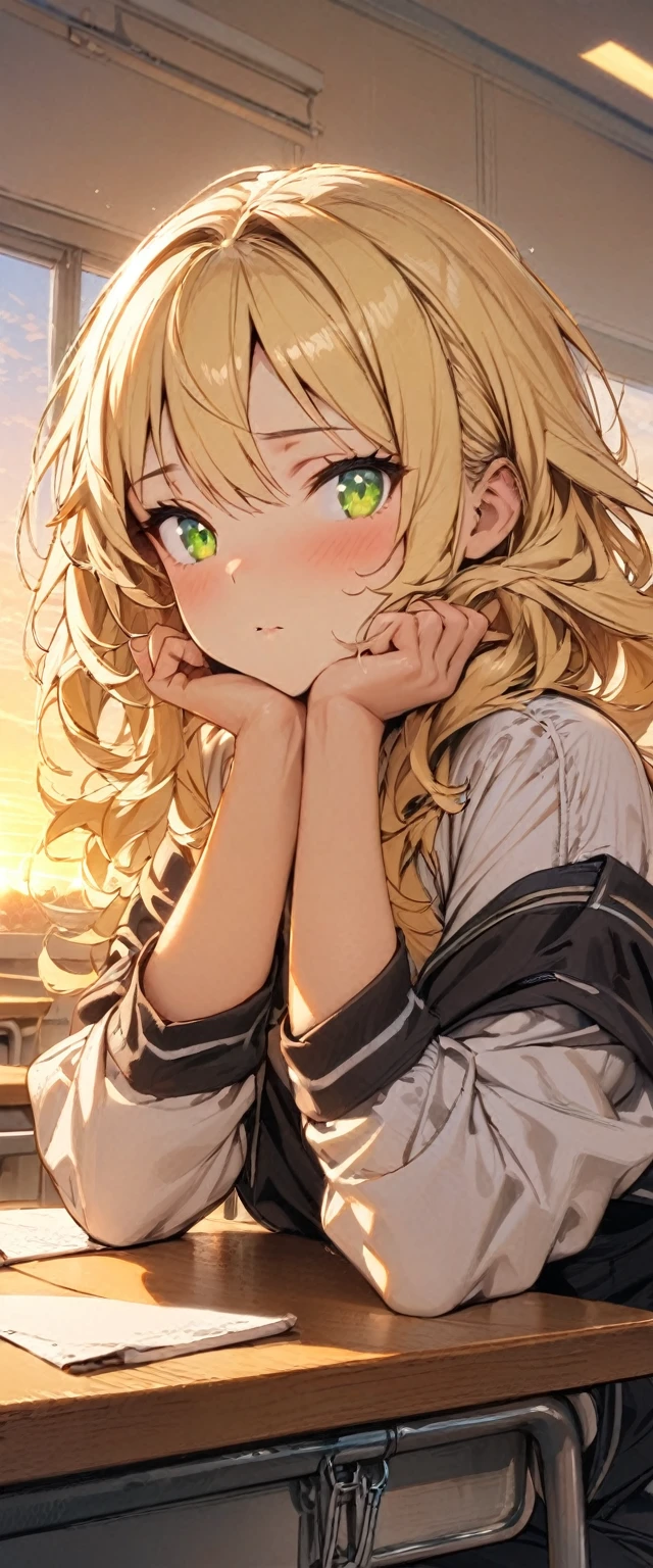 (masterpiece), best quality, expressive eyes, perfect face,1girl,blonde hair,green eyes,high ,sunset,classroom,sitting,desk,sitting desk top,curious expression