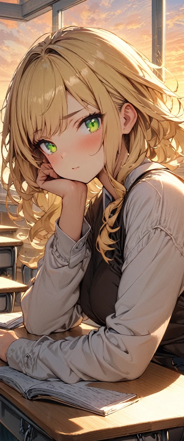 (masterpiece), best quality, expressive eyes, perfect face,1girl,blonde hair,green eyes,high ,sunset,classroom,sitting,desk,sitting desk top,curious expression