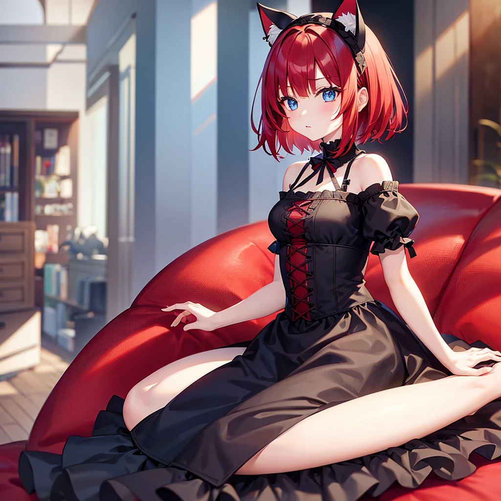 Red Hair、Looking this way、girl、Short Hair、Cat ear、blue eyes、Gothic ta、high quality
