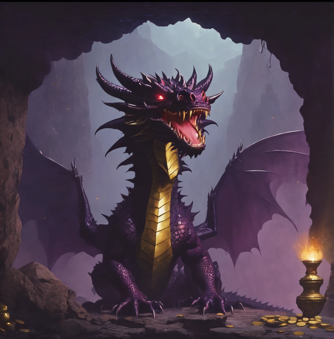 80s movies style,dark fantasy,dragon with 3 head, creepy,cave,gold coins
