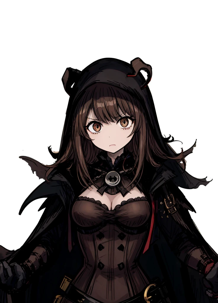 1girl,wood brown hair, brown eyes, plague doctor, necromancer, nice clothes, (high resolution, high detail, best quality) , medium breasts, angry