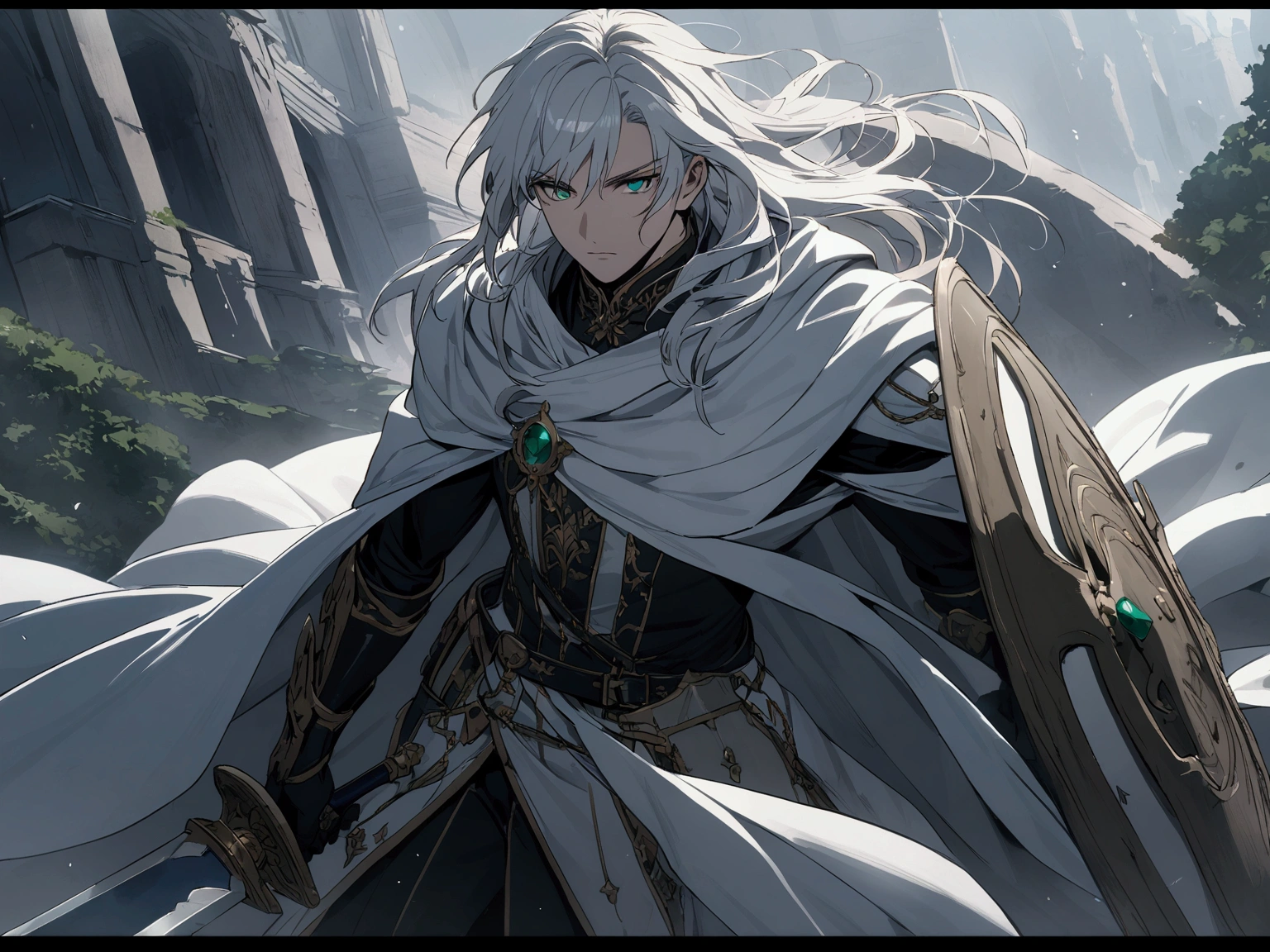 A man with long silver hair, wearing a white cloak with black details, blue and green eyes, holding a sword and shield