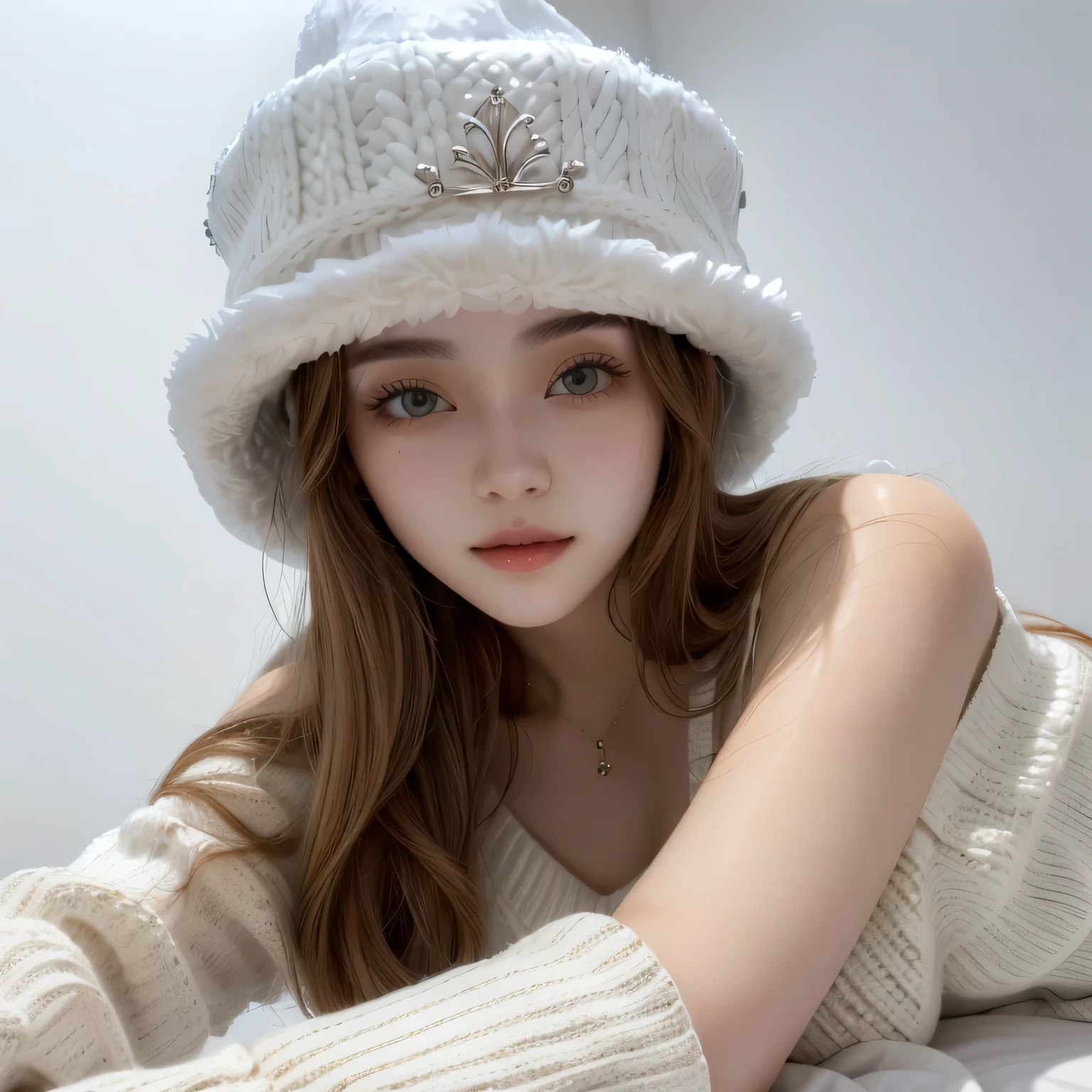 arafed woman wearing a White hat and sweater sitting on a bed, White hat, with hat, pale, snow-white skin, dilraba dilmurat, soft portrait photographed in 8k, ulzzang, with crown, knit hat, winter princess, highy detailed), wearing a cute hat, lalisa manobal, skin pale as ivory, detailed white