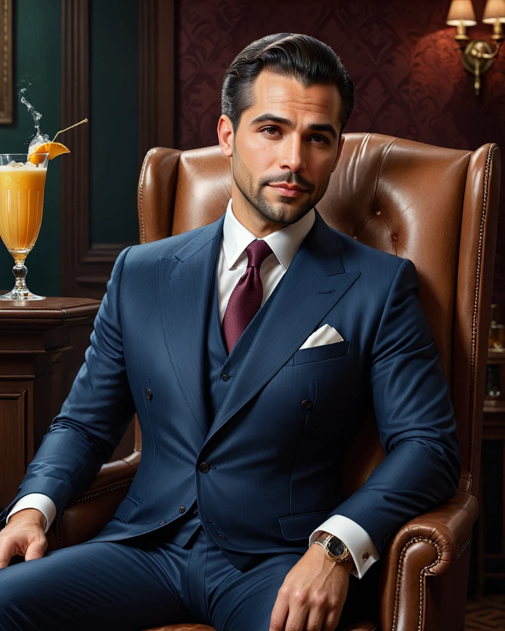 conceptual art (ultrarealistic:1.3) a man in a suit sitting in a chair with a drink, portrait épico y elegante, inspired by Max Magnus Norman, 3D 8k rendering character art, Handsome man, Renderizado de portraits en 8k, portrait cinematográfico realista, speakeasy background, un portrait del personaje, portrait, portrait de personaje de pulpa, portrait de personaje épico, portrait del profesor siniestro . digital artwork, illustrative, pictorial, matte paint, Very detailed