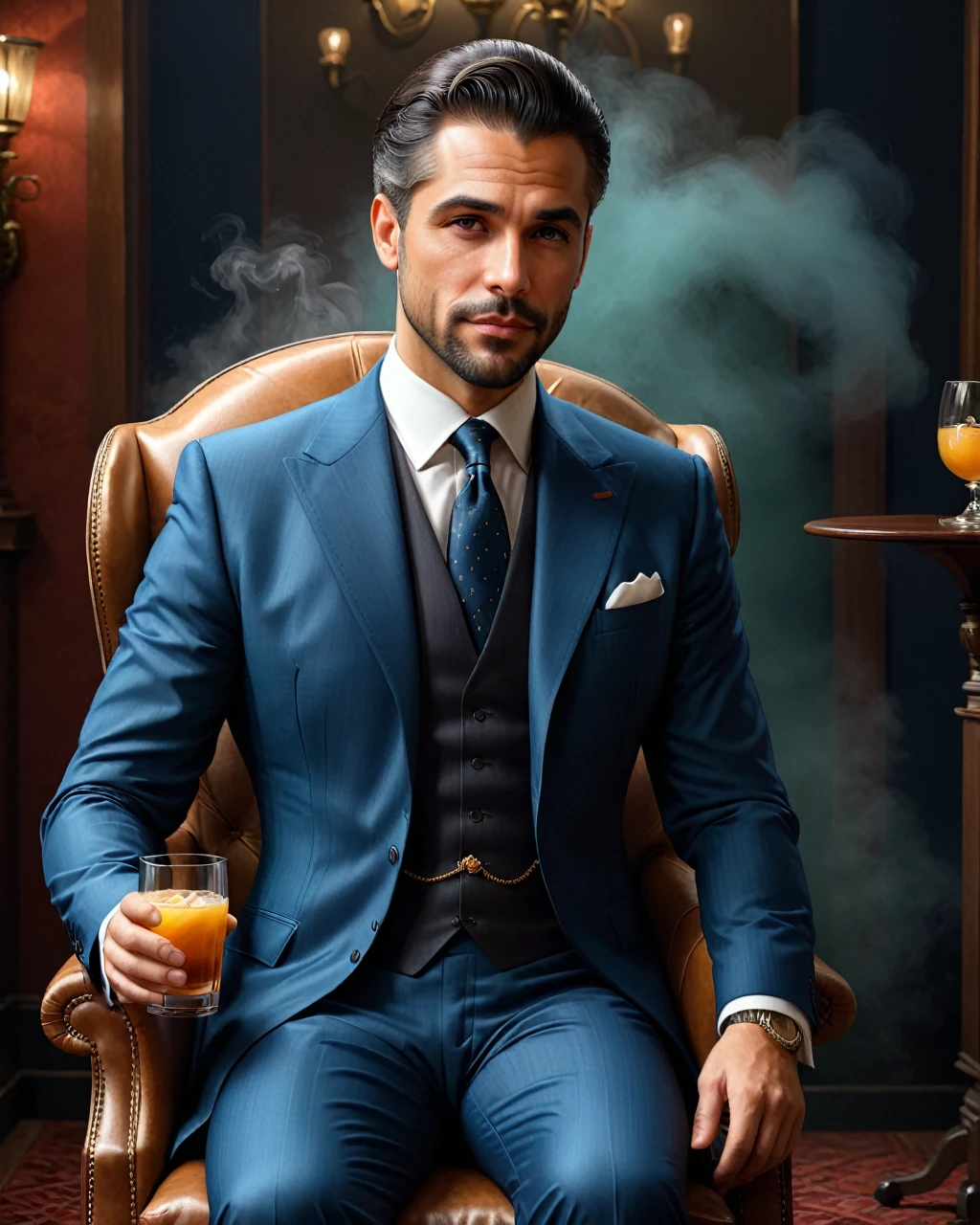 conceptual art (ultrarealistic:1.3) a man in a suit sitting in a chair with a drink, portrait épico y elegante, inspired by Max Magnus Norman, 3D 8k rendering character art, Handsome man, Renderizado de portraits en 8k, portrait cinematográfico realista, speakeasy background, un portrait del personaje, portrait, portrait de personaje de pulpa, portrait de personaje épico, portrait del profesor siniestro . digital artwork, illustrative, pictorial, matte paint, Very detailed