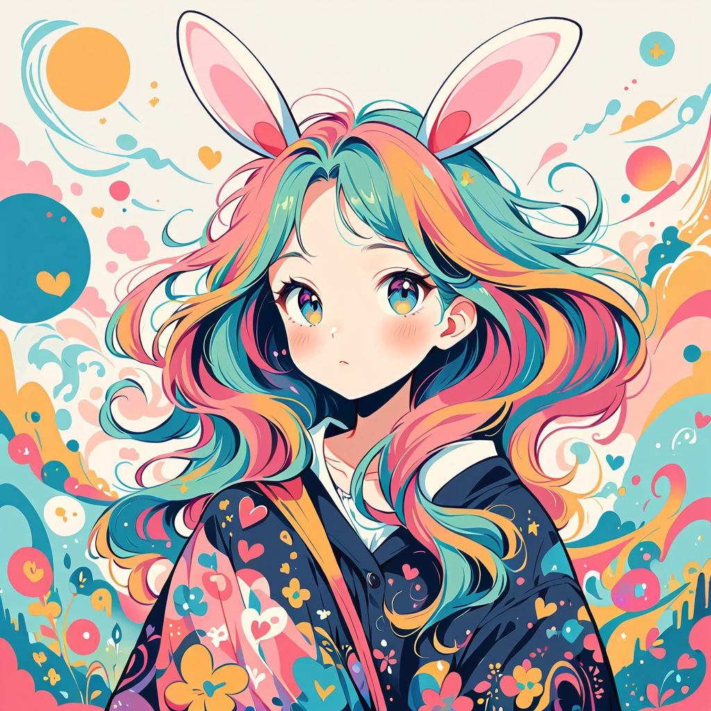 Simple line initials，Abstract art，Urban Background, Colorful Hearts ,(((The most beautiful girl of all time))), poster,Jim Mahfood,Ellen Jewett, hyper detailed, high contrast,masterpiece, white background、Simple line initials，Abstract art，Urban Background, Colorful Hearts ,(((The most beautiful girl of all time))), Cute Grim Reaper Character、Beautiful illustrations, Highest quality, Cute Grim Reaper、Bedroom, pastel colour, Fluffy bunny ears, , Silver long hair,