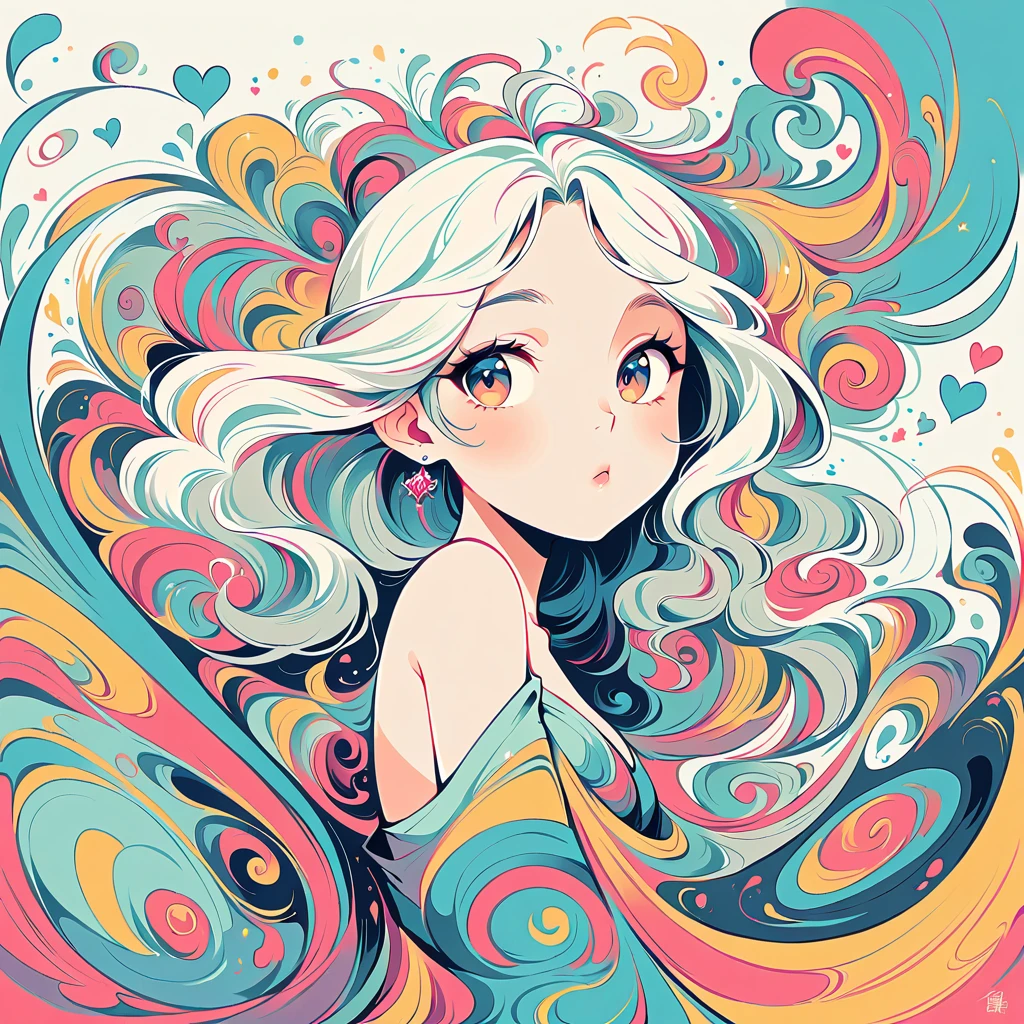 Simple line initials,Abstract art,Urban Background, Colorful Hearts ,(((The most beautiful girl of all time))), poster,Jim Mahfood,Ellen Jewett, hyper detailed, high contrast,masterpiece, white background、Simple line initials,Abstract art,Urban Background, Colorful Hearts ,(((The most beautiful girl of all time))), Cute Grim Reaper Character、Beautiful illustrations, Highest quality, Cute Grim Reaper、Bedroom, pastel colour, Fluffy bunny ears, , Silver long hair,