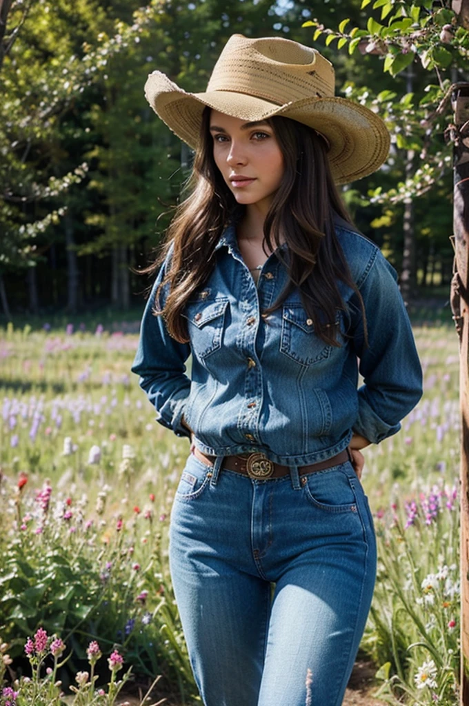 a beautiful brunette american girl, jeans, cowgirl hat, plaid shirt, denim jacket, cowgirl boots, standing in a field of flowers, sunlight streaming through the trees, photorealistic, highly detailed, 8k, masterpiece, natural lighting, vibrant colors, cinematic composition