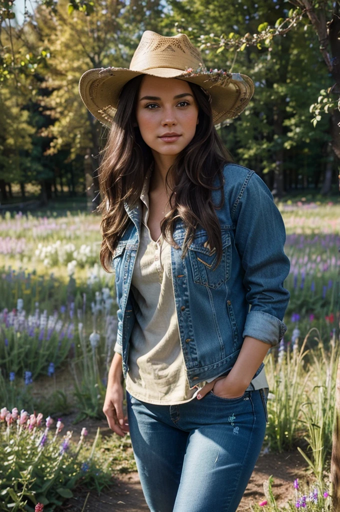 a beautiful brunette american girl, jeans, cowgirl hat, plaid shirt, denim jacket, cowgirl boots, standing in a field of flowers, sunlight streaming through the trees, photorealistic, highly detailed, 8k, masterpiece, natural lighting, vibrant colors, cinematic composition