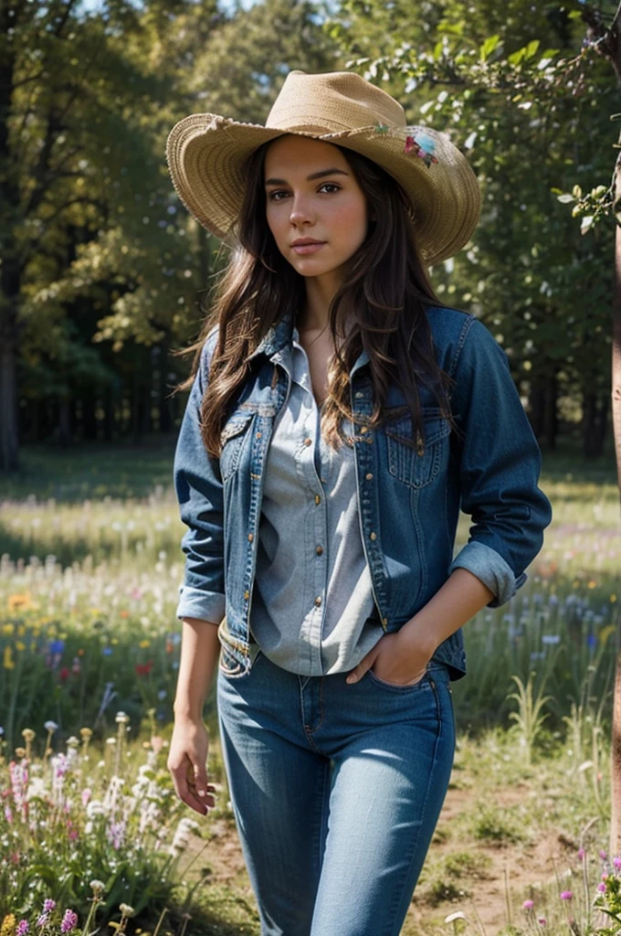 a beautiful brunette american girl, jeans, cowgirl hat, plaid shirt, denim jacket, cowgirl boots, standing in a field of flowers, sunlight streaming through the trees, photorealistic, highly detailed, 8k, masterpiece, natural lighting, vibrant colors, cinematic composition