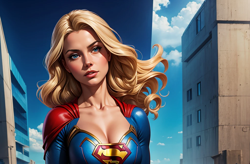 Ana Maria Markovic, long wavy blonde hair, closplayed as supergirl lookalike with chest elblem, half naked.