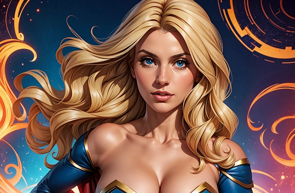 Ana Maria Markovic, long wavy blonde hair, closplayed as supergirl lookalike with chest elblem, half naked.