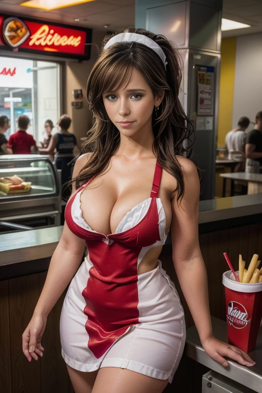 Jennifer Love Hewitt as a fast food worker, fast food restaurant, fast food counter, sexy fast food apron, sexy fast food uniform, cleavage, french fries, hamburger, cheeseburger, soda, milkshake, cashier, order taking, cooking, serving, smiling, friendly expression, dynamic pose, bright lighting, warm colors, photorealistic, (best quality,4k,8k,highres,masterpiece:1.2),ultra-detailed,(realistic,photorealistic,photo-realistic:1.37)