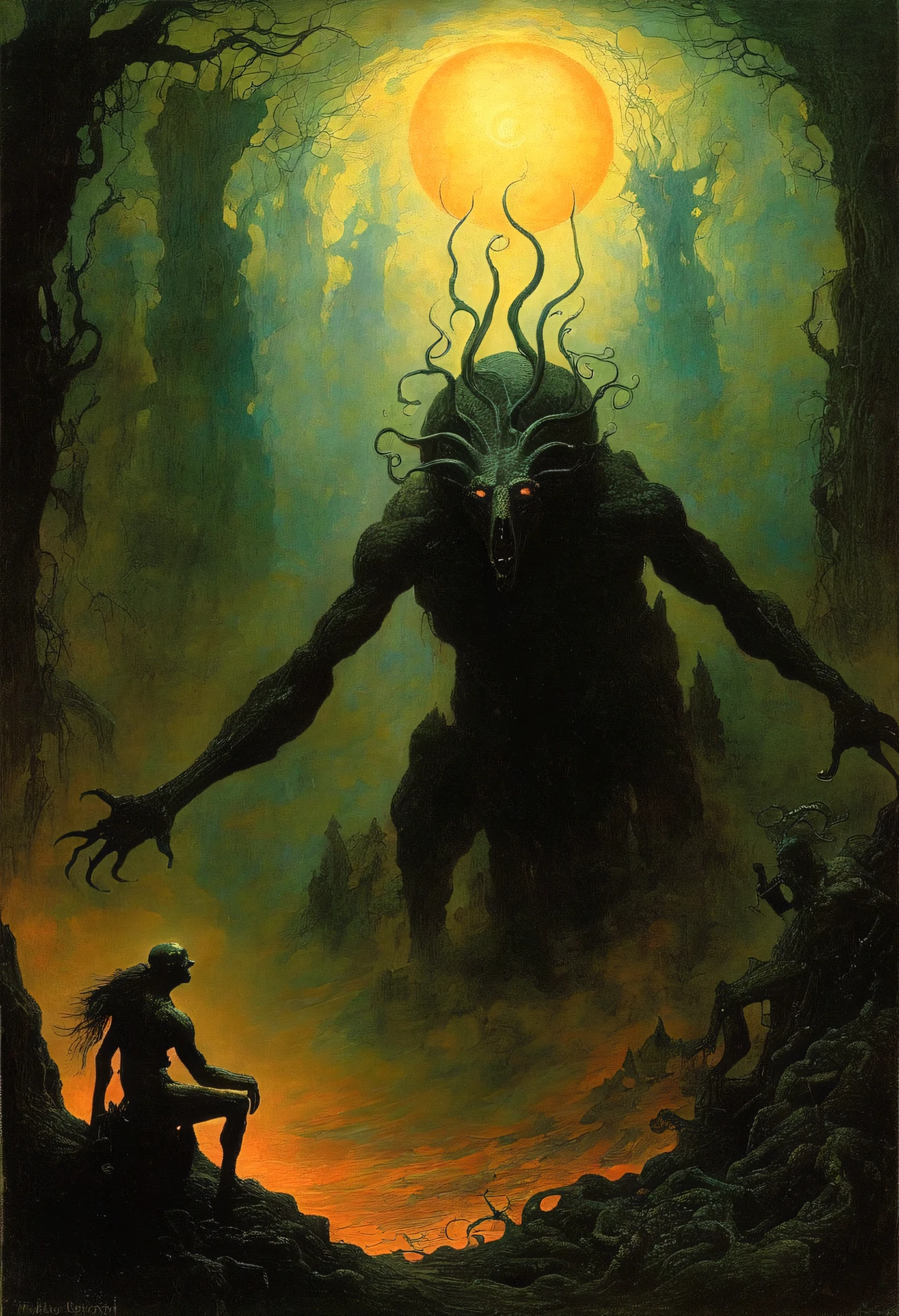 Mythical creatures, author:Zdzislaw Beksiński and Alphonse Mucha, Surrealism,Satan, Azathoth, Dark Forest、nightmare