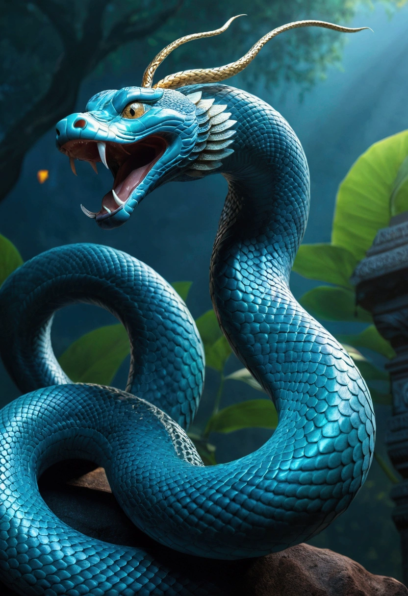 (((serpent))) best quality, ultra-high resolution, 4K detailed CG, master part, Krishna, Hindu god,serpe,em cima da serpe, Hindu mythology,((em cima da serpent)), Hindu image , aesthetic, centered on the screen, wings, blue scales