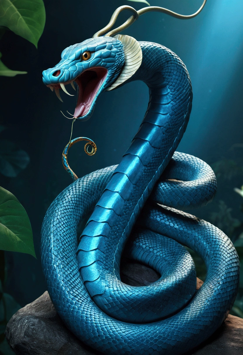 (((serpent))) best quality, ultra-high resolution, 4K detailed CG, master part, Krishna, Hindu god,serpe,em cima da serpe, Hindu mythology,((em cima da serpent)), Hindu image , aesthetic, centered on the screen, wings, blue scales