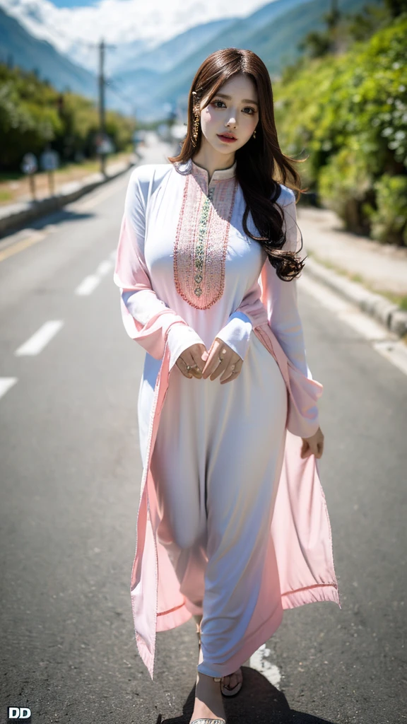 (((HD photo))), ultra high res.photorealistic:. 1.4, UHD girl in naran kaghan street wearing shalwar kameez hijab dress