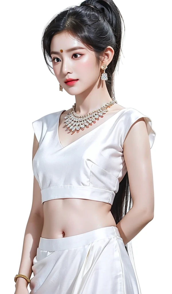 1girl, solo, long hair, indian traditional_attire, wearing silk saree, simple background, hair, black hair, white background, jewelry, ponytail, earrings, midriff, necklace