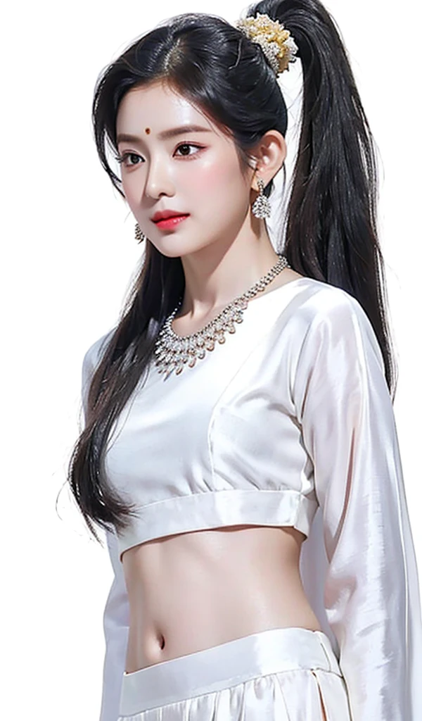 1girl, solo, long hair, indian traditional_attire, wearing silk saree, simple background, hair, black hair, white background, jewelry, ponytail, earrings, midriff, necklace