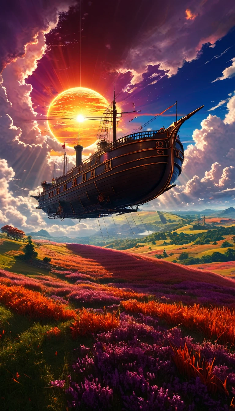 Masterpiece, high quality, 8K Ultra HD. The image shows a flying ship with a light shining from tge sky into it and the grassy hill, with a background of vibrant purple sky and the red and orange tones of the sun,((red grass)), 4k anime art wallpaper, Shen Che-Tsai digital art, pexels, fantastic realism, among sunlit heavenly clouds, heavenly clouds, amazing sky, 4K anime art wallpaper, anime background, wallpaper 8K anime art wallpaper, anime art wallpaper, anime landscape wallpaper, amazing wallpaper, high quality wallpaper definition, 4k anime wallpaper, 4k anime wallpaper, Aries Moross art, Bob Byerley art, AshleyWoodArtAI, greg rutkowski