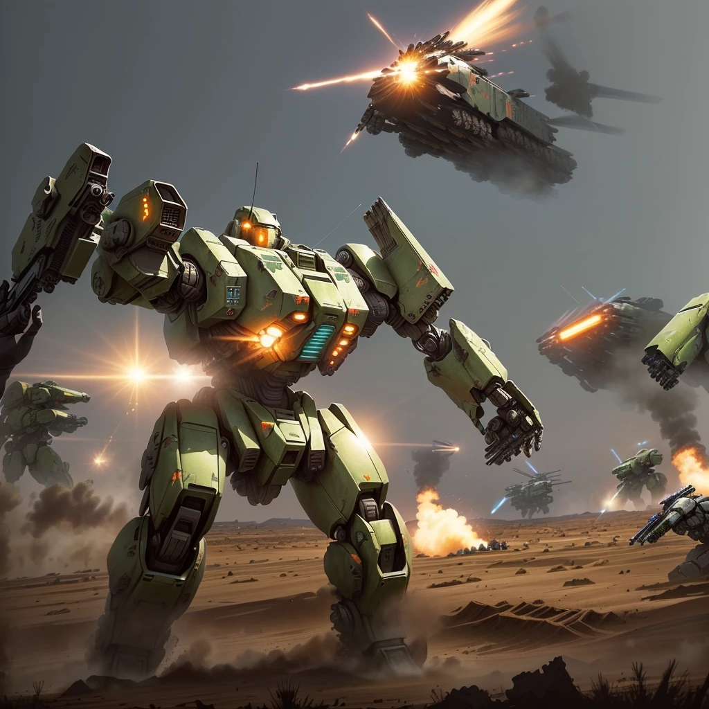 a close up of a robot with a gun in a field, battletech, war mechs fighting, soldiers and mech fight, battlemech, mech machines firing bullets, battletech style, an armored core on the ground, battle mech, futuristic battlefield, mad max battlemech, mech concept art, metal gear mech, mechwarrior, armored core, mech warrior