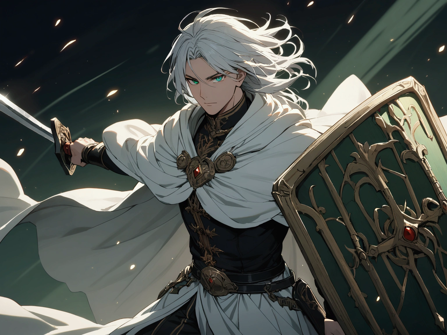 A man with long silver hair, wearing a white cloak with black details, blue and green eyes, holding a sword and shield