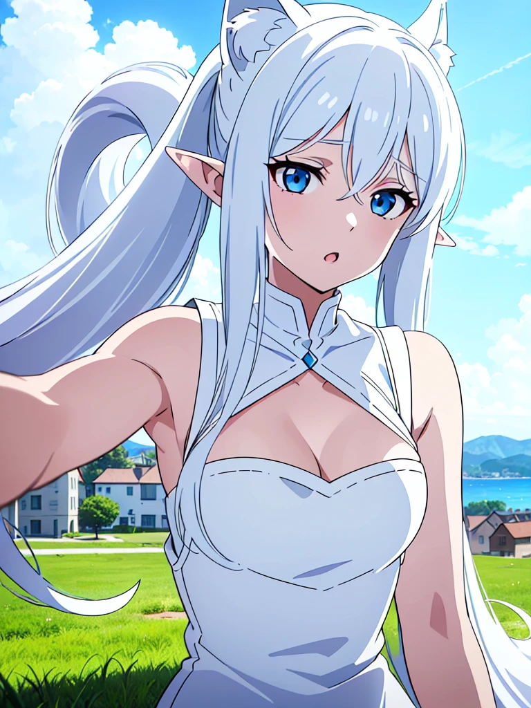 ((beautiful face)), ((masterpiece, best quality)),1girl,15s,,long hair,twintail hair,white hair,ahoge,lamia tail,((white lamia tail)),(white background),pointy ears,sleeveless,white shirt,(cleavage),blue eyes,(( on the grass,blue sky,village)),:o,Close up