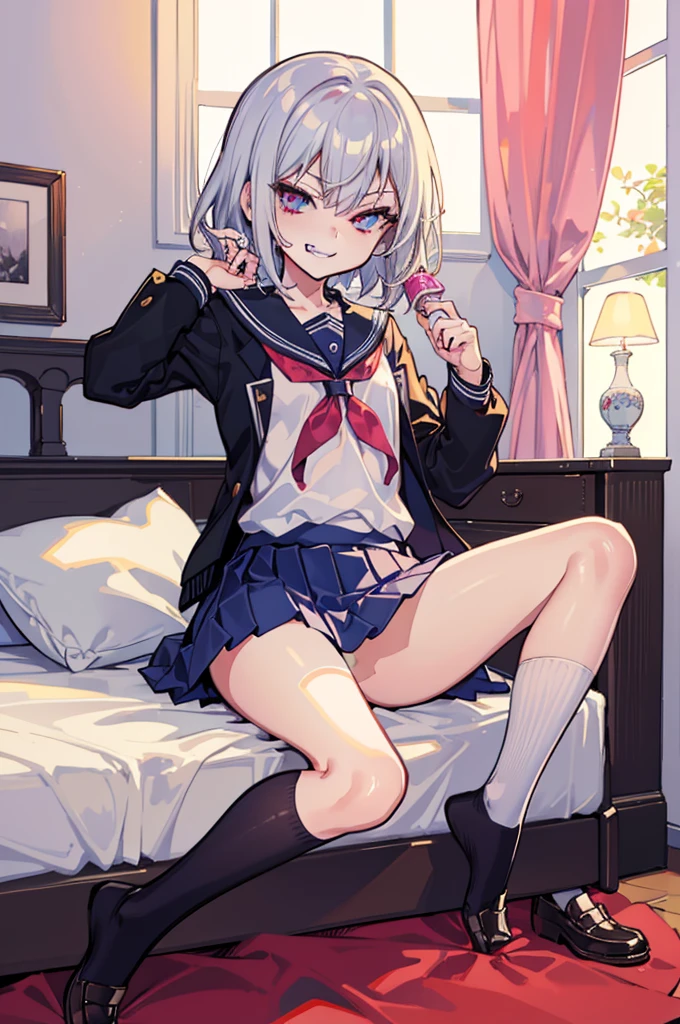 (Ideal:1.2), (perfect:1.2), (flawless:1.2), (highest quality:1.2), (best quality:1.2), on bed, 1girl, (evil smirk:1.2), (:1.2), young, (school uniform:1.1), detailed body, sexy thighs, small breasts, short hair, high quality eyes, 4K, highest quality resolution, best quality resolution, best quality upscale, no panties, no underwear