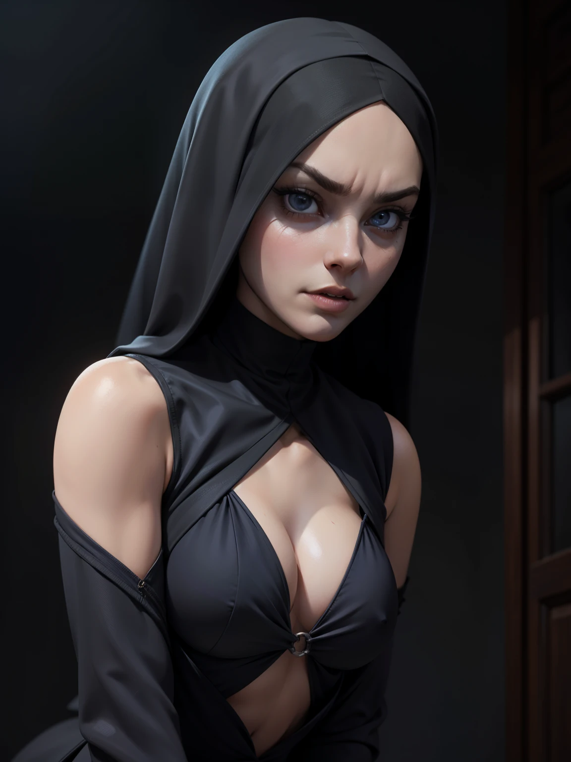 In the heart of a haunted abbey, a dark nun emerges from the shadows. With a sharp focus and unyielding determination, every detail of her ultra-detailed, photorealistic portrait comes to life in stunning 1.2 high resolution (best quality: 4K, 8K, highres, masterpiece). Her dark habit conceals a stark contrast of ominous shadows and dramatic lighting, heightening the horror and terrifying presence of this creepy and scary figure.
demonic eyes gleaming with an otherworldly intensity. Her sharp, angular features are subtly hinted at in the mist, ,(((very thin))) ,((Flat chest)) long shot