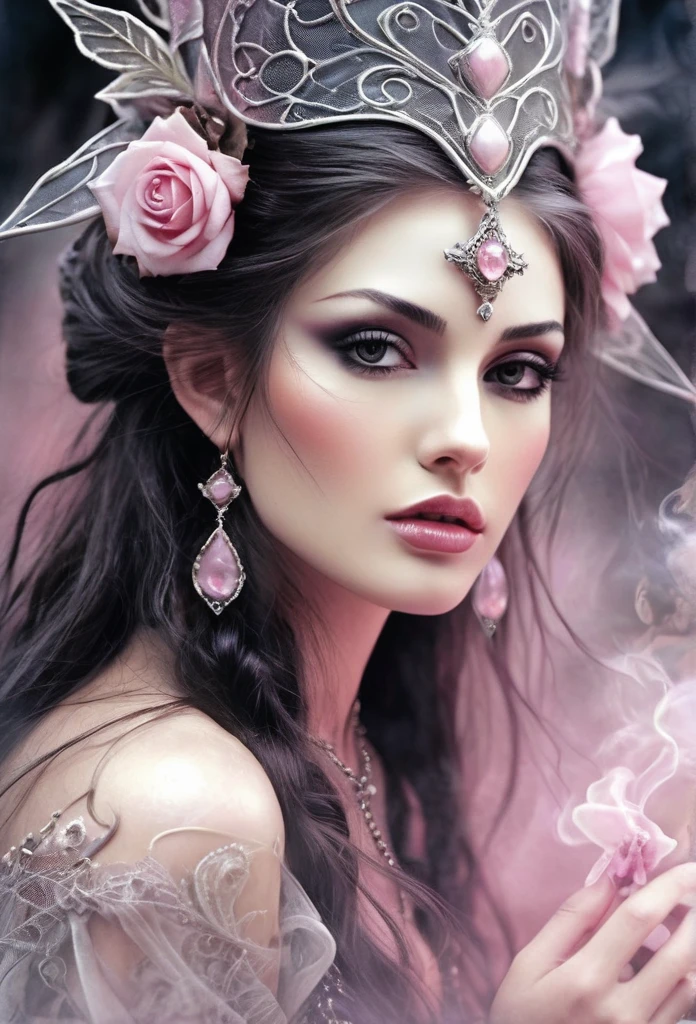 Gorgeous witch... double exposure long,with you.A masterpiece oíl painting by luis Royo, drawn pencil art, ultra detailed, lips ultra gloss, long. wavy hair, dressed long,transculent, dressing, pink cup, bacground vintage, perfect hands, hearts, rose, tattoos, fractal, filigree, glowing, shadowy, ultra quality, 3d, spoked hairstyle