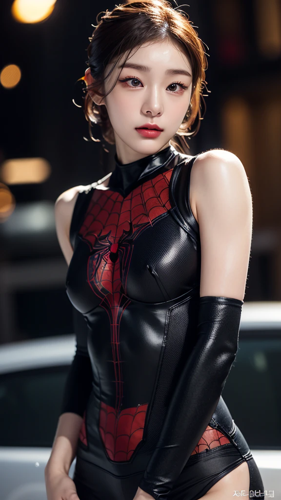 tmasterpiece,1 Korean girl,realisticlying,8K UHD,high high quality,in the background bokeh, spider-man black suit,Spidey,Clothes wrap around the whole body,Tight clothing,Abs contour,Short black hair,s the perfect face,shining face,Ultra-clear face,Elaborate Eyes,idoly