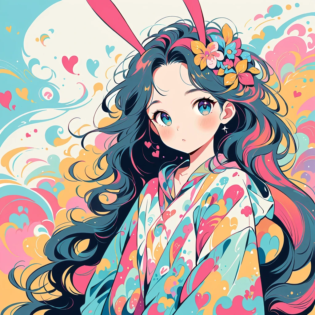 Simple line initials,Abstract art,Urban Background, Colorful Hearts ,(((The most beautiful girl of all time))), poster,Jim Mahfood,Ellen Jewett, hyper detailed, high contrast,masterpiece, white background、Simple line initials,Abstract art,Urban Background, Colorful Hearts ,(((The most beautiful girl of all time))), Cute Grim Reaper Character、Beautiful illustrations, Highest quality, Cute Grim Reaper、Bedroom, pastel colour, Fluffy bunny ears, , Silver long hair,