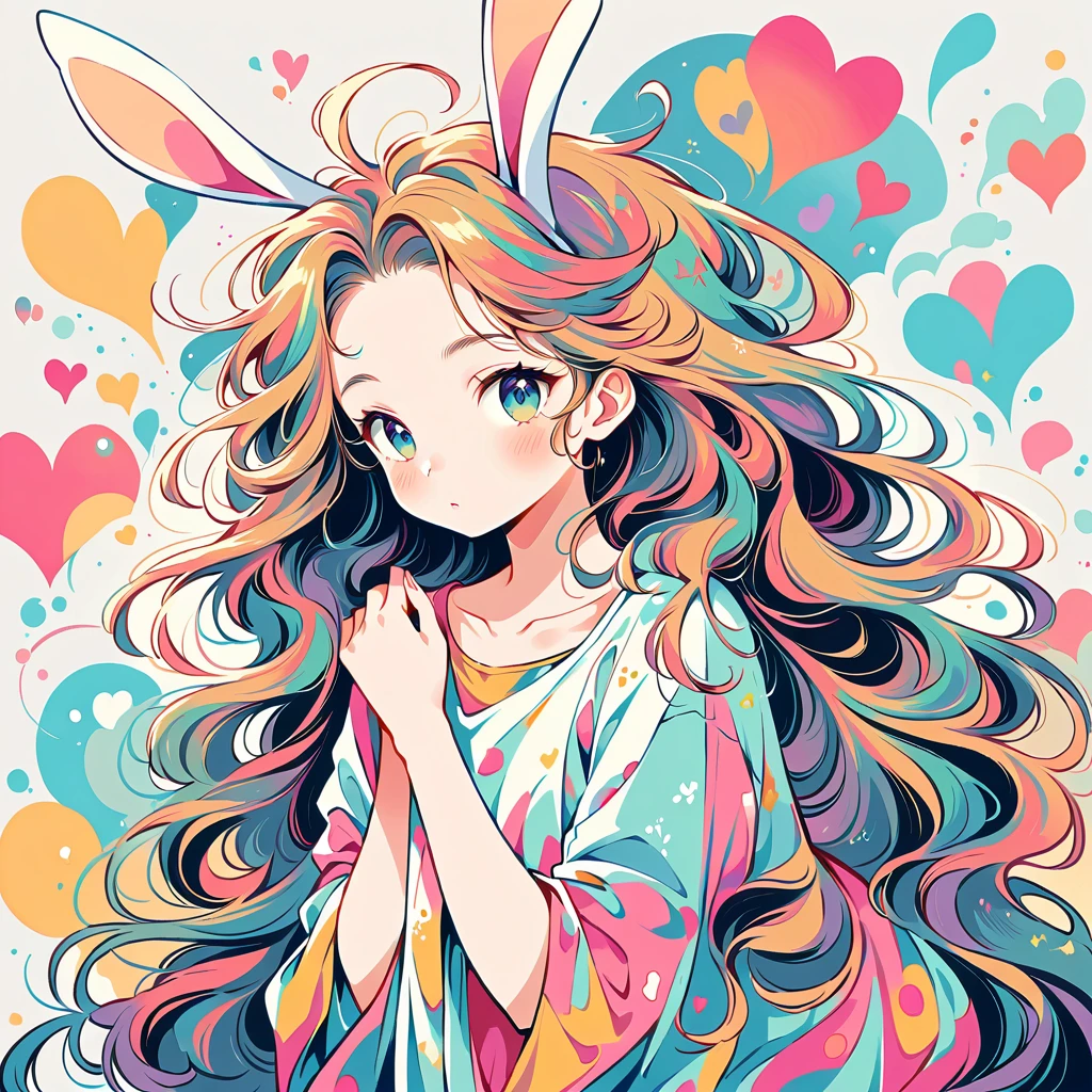 Simple line initials,Abstract art,Urban Background, Colorful Hearts ,(((The most beautiful girl of all time))), poster,Jim Mahfood,Ellen Jewett, hyper detailed, high contrast,masterpiece, white background、Simple line initials,Abstract art,Urban Background, Colorful Hearts ,(((The most beautiful girl of all time))), Cute Grim Reaper Character、Beautiful illustrations, Highest quality, Cute Grim Reaper、Bedroom, pastel colour, Fluffy bunny ears, , Silver long hair,