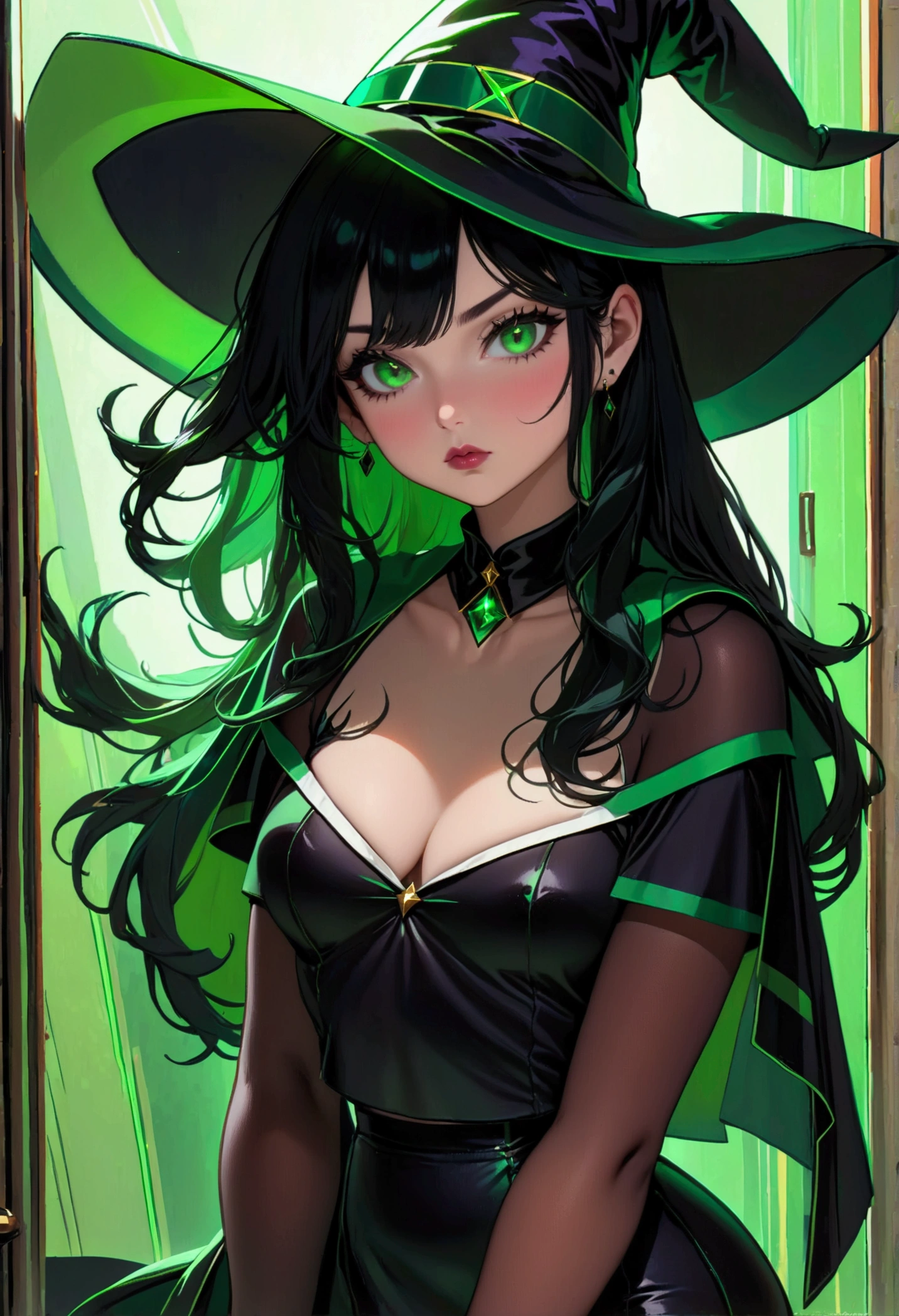 Witch , cute young face, emerald green eyes, long black hair with straight bangs, voluptuous ass, dark lipstick, (black high-waisted a-line mini skirt with emerald green line running across just above hem of skirt, cropped black little cape with green line across hem of cape, black witch hat with green line on brim of hat, black stockings with green line), white tucked in buttoned blouse, black Maryjane high heels, haughty expression with hands on hips