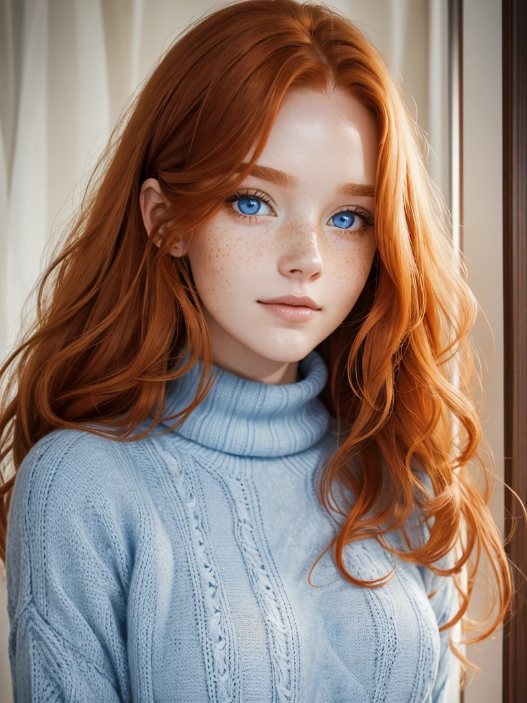 The most beautiful close, upper body portrait photo of a young, tall, beautiful happy ginger woman with long wavy ginger hair, beautiful blue eyes, cute freckles, in an elegant sweater