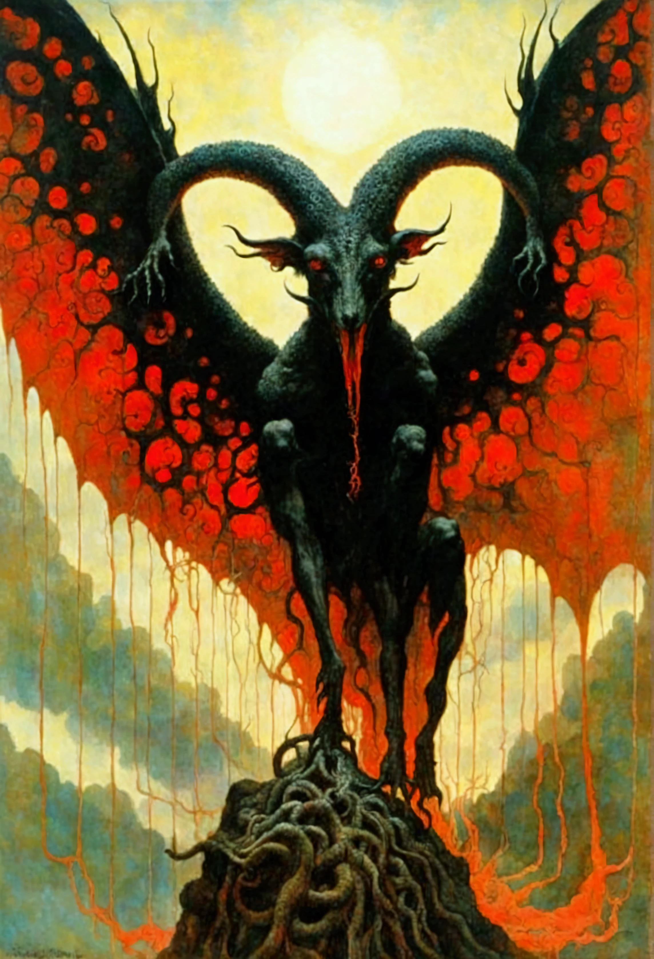 Mythical creatures, author:Zdzislaw Beksiński,Satan, Azathoth, Red/Black
