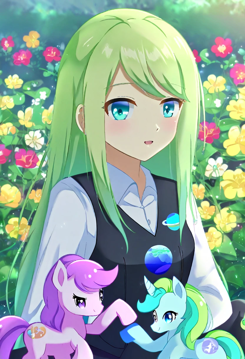 an 18 year old girl, long lime green hair with blue ombre, turquoise eyes, light green skin, ((My Little Pony)), ((equestrias girls)), ((White shirt)), ((black vest with small planet print)), ((black pantaloon)), ((sitting in a garden)), ((good quality)) 