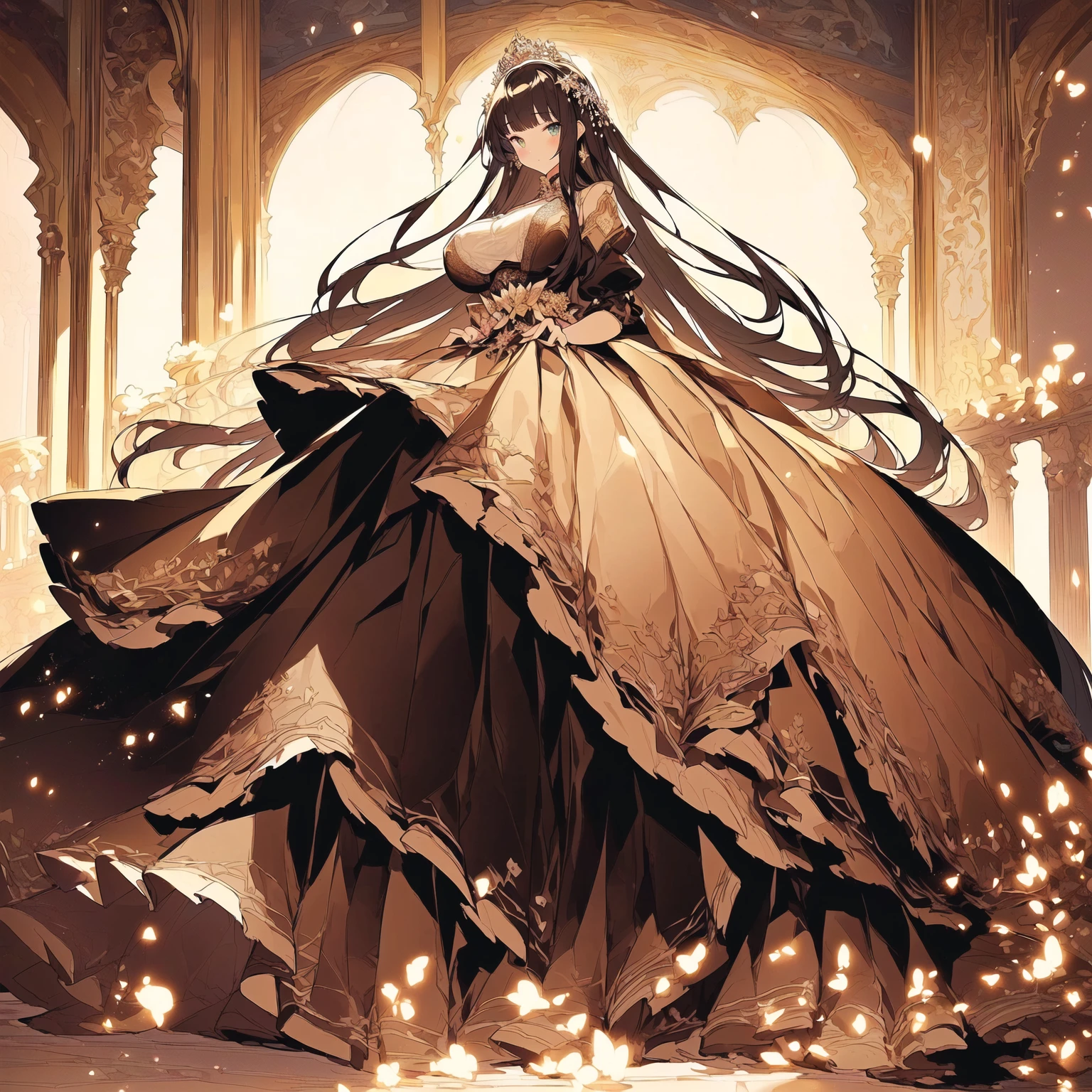 ((Anime cute art style)),(((digital))),Noble atmosphere,(masterpiece), (best quality), (Super detailed),illustration,(Very delicate and beautiful),Dynamic angle,looking at the audience,(((solitary))),((whole body)),(((1 Gorgeous and noble princess in wide skirt))),jewel eye,(Very long hair),Gorgeous embroidery and lace,transparent,gorgeous ruffles,(Huge breasts,Long Breasts),(Gorgeous ball gown with loose skirt),
