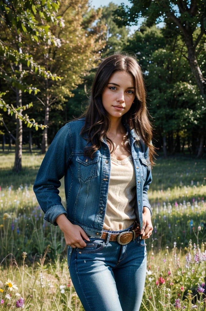 a beautiful brunette american girl, jeans, cowgirl, plaid shirt, denim jacket, cowgirl boots, standing in a field of flowers, sunlight streaming through the trees, photorealistic, highly detailed, 8k, masterpiece, natural lighting, vibrant colors, cinematic composition