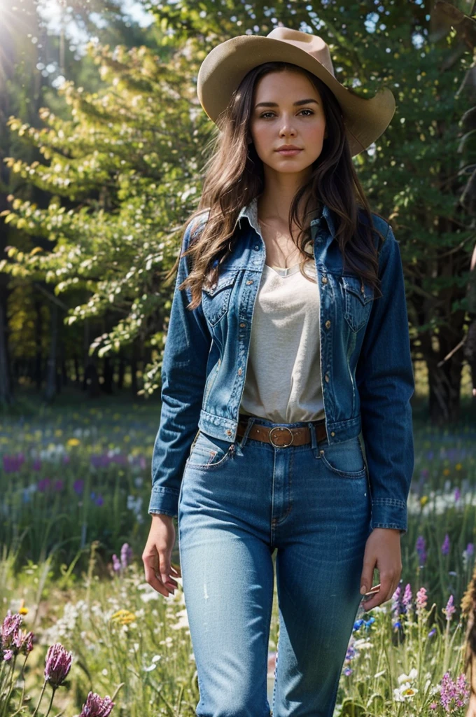 a beautiful brunette american girl, jeans, cowgirl, plaid shirt, denim jacket, cowgirl boots, standing in a field of flowers, sunlight streaming through the trees, photorealistic, highly detailed, 8k, masterpiece, natural lighting, vibrant colors, cinematic composition